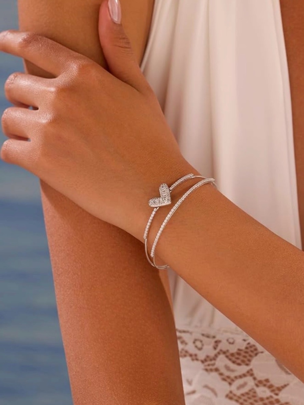 Silver Heart Pave Double-Wrap Bracelet